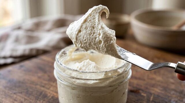Slow motion close up of spatula lifting thick whipped cream frosting from glass jar on wooden kitchen table during daytime cozy baking scene