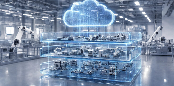 Automated smart factory production line with holographic cloud infrastructure manufacturing automation technology robotics hologram industry production connectivity interface computer