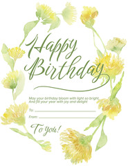 Hand painted watercolor happy birthday greeting card featuring delicate dandelion flowers and botanical elements. Elegant floral design with soft pastel colors, perfect for birthday greetings © Per la Margo