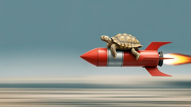 A tortoise riding a red rocket flying through the sky