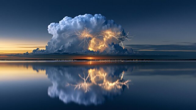 AI generator images of fine art landscape photography, gigantic thunderhead illuminated from within, delicate lightning patterns, tranquil mirror lake, minimalist composition, golden horizon fading 