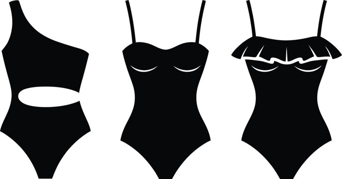 Modern Women One Piece Swimsuit Collection Vector Illustration, Black Swimwear Silhouette Set with Cutout Strapless and Ruffle Designs Isolated on White Background