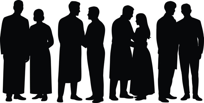 People Silhouette Collection Vector Illustration, Standing Male and Female Couples in Traditional Clothing Isolated on White Background Design