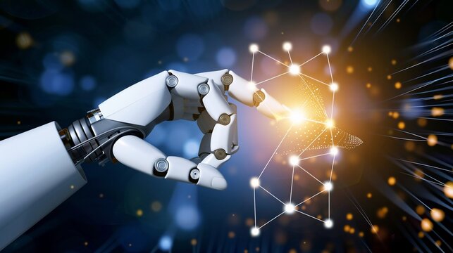 Robotic hand touches glowing network, set against a blurred background