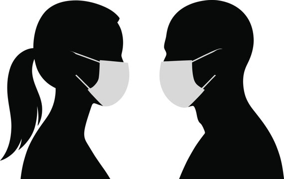 Medical Face Mask Profile Silhouette Vector Illustration, Male and Female Wearing Protective Masks Healthcare Safety Concept Isolated on White Background