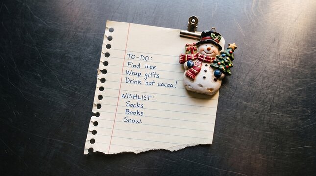 A handwritten holiday to-do list and wishlist clipped to torn notebook paper, decorated with a cute snowman ornament on a dark surface.