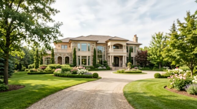 Luxury mansion estate property real estate architecture blurred background exterior residence landscaping garden driveway