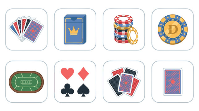 Set of casino and poker icons with playing cards, card deck box, stacks of gambling chips, green poker table, card suits heart diamond club spade, chips with letter D and card backs
