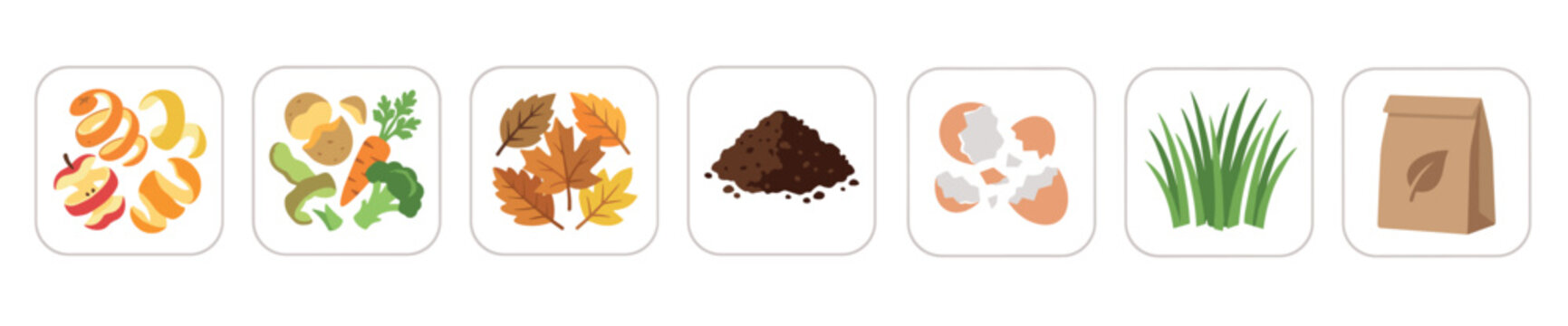 Organic waste materials for composting process, featuring fruit peels, vegetable scraps, autumn leaves, eggshells, and grass clippings.