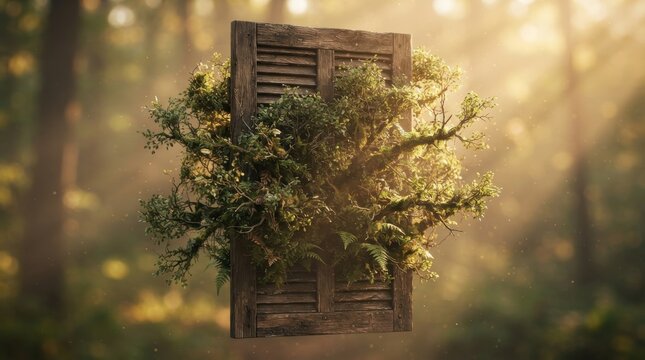 Old wooden window shutter overgrown with lush green plants in forest