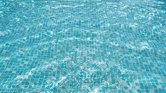 Slow motion top down view of swimming pool water rippling over blue mosaic tiles in shallow pool under bright sunlight, calm daytime leisure scene