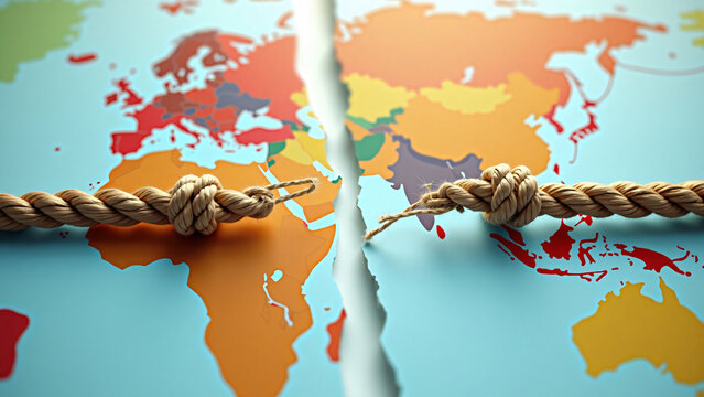 Fractured Rope Over World Map Symbolizing International Relations and Economic Uncertainty