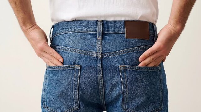 Static shot of man sliding hands into back pockets of blue jeans against neutral studio wall, casual wardrobe adjustment with soft natural daylight and relaxed daytime mood