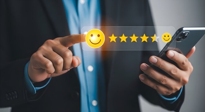 Business person holding a smartphone and giving a five star review with a happy smiley face icon on a digital screen to show excellent customer service feedback and high quality rating