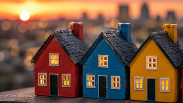 A close-up of miniature red, blue, and yellow wooden houses with glowing windows stands against a warm sunset sky and distant city skyline, great for residential housing themes