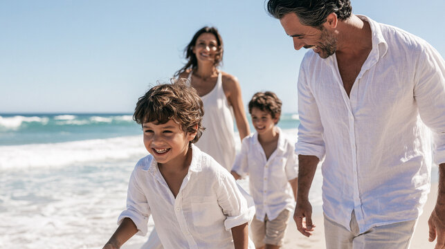 Happy family with children walking on beach