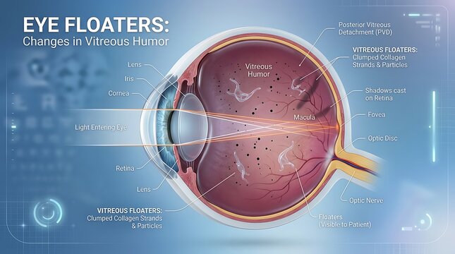 Detailed medical diagram of the human eye illustrating posterior vitreous detachment and clumped collagen strands creating shadows on the retina over a digital technology background