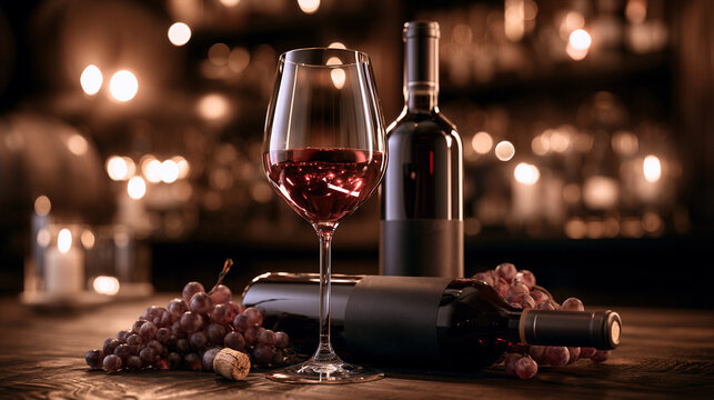 Red wine glass bottles grapes cork rustic wood