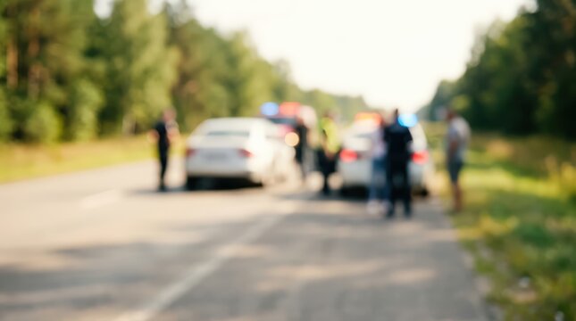 blurred police scene traffic stop emergency lights on highway road law enforcement vehicle background abstract safety security accident patrol