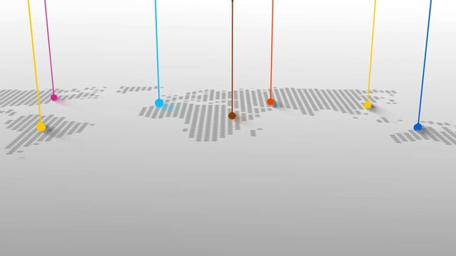 Colorful Map Pin Location Markers Dropping on Dotted World Map Motion Animation