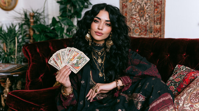 Woman holding tarot cards indicating divination and fortune telling