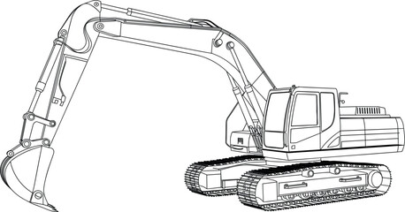 Fototapeta premium Excavator wireframe vector illustration, heavy construction machinery 3D CAD schematic blueprint engineering technical design