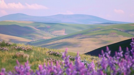 Fototapeta premium Rolling green hills and fields of purple flowers under a soft pink and blue sky, distant mountains