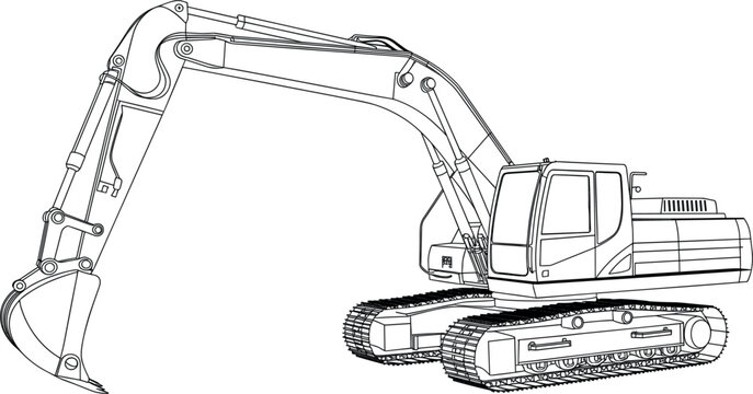 Excavator wireframe vector illustration, heavy construction machinery 3D CAD schematic blueprint engineering technical design