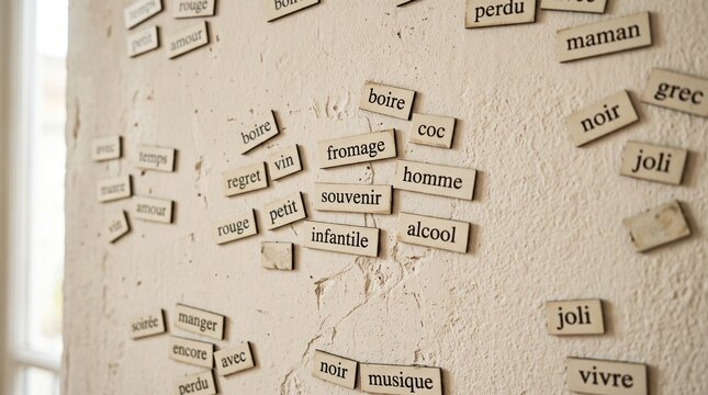French magnetic word tiles arranged on a textured cream wall, featuring words like fromage, souvenir, and amour to form creative poetry and story ideas.