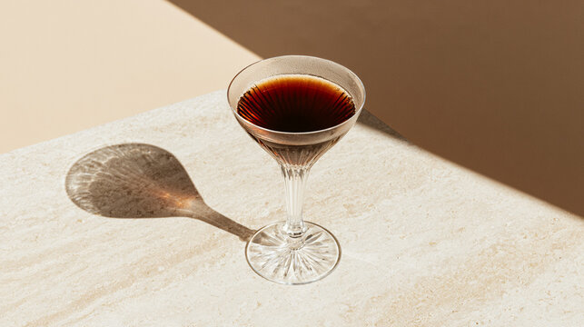 Espresso martini cocktail in glass with harsh shadows
