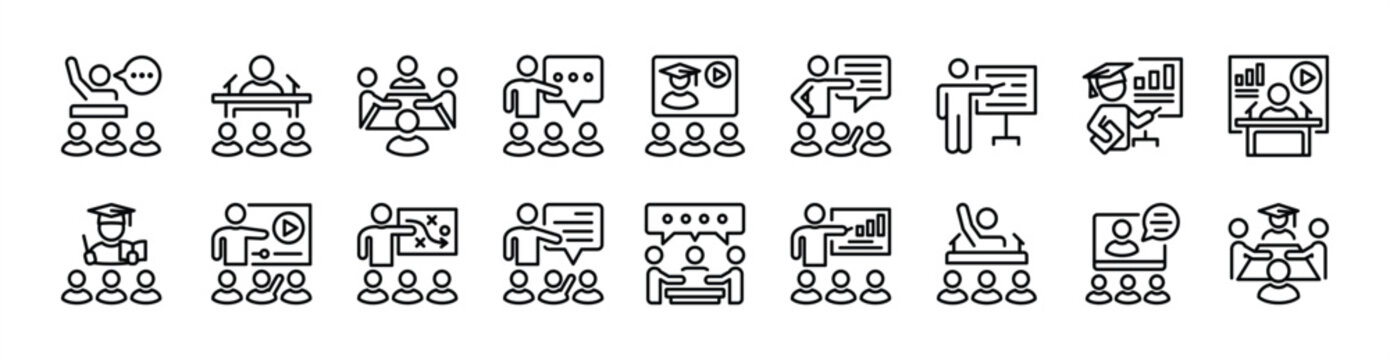 Seminar icon set. Contains presentation, training, coaching, meeting, conference, workshop, briefing, learning, e-learning, virtual video, lecture, teamwork, mentor, classroom, teaching - illustration