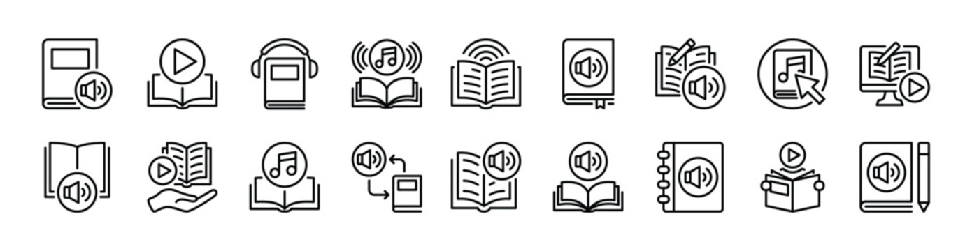 Audiobook thin line icon set. Contains book, audio, digital education, learning, listening, play sound music, e-learning, reading, digital library - vector illustration