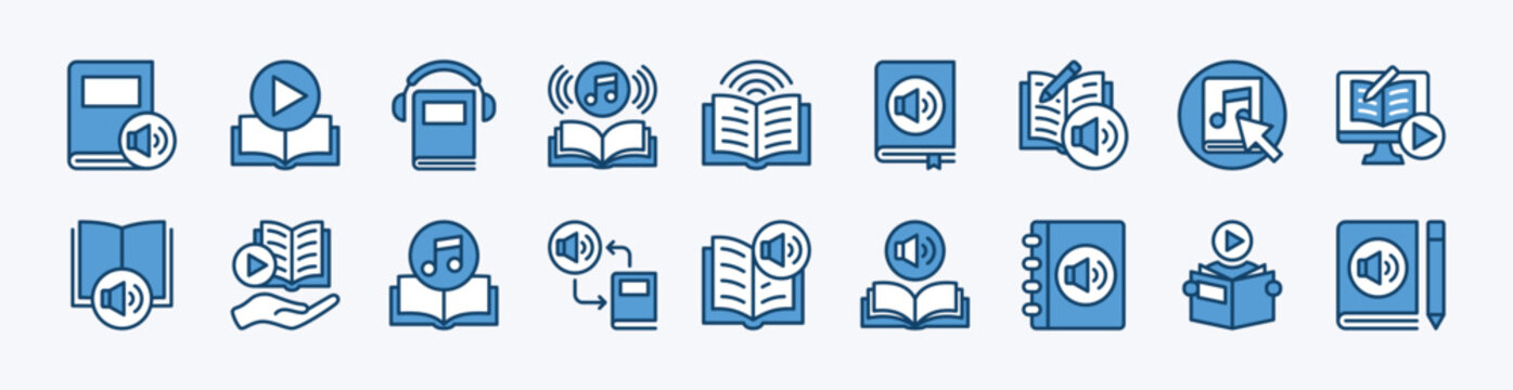 Set of audiobook icon vector. Contains book, audio, digital education, learning, play sound music, e-learning, listening, reading, library - illustration