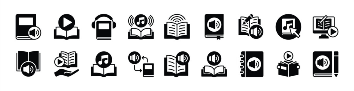 Audiobook icon vector set. Contains book, audio, digital education, learning, listening, play sound music, e-learning, reading, library - illustration