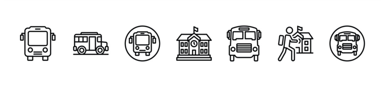 Bus icon set. Contains back to school, educational vehicle, student transportation, transport - vector illustration