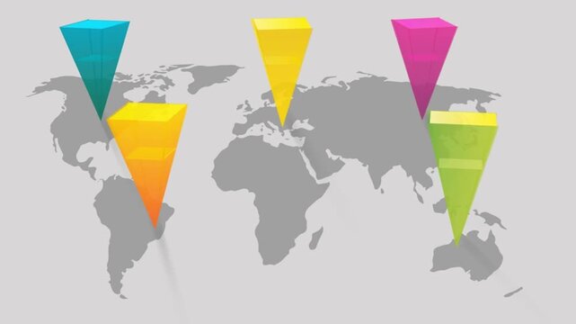 3D Colorful Inverted Pyramid Map Pin Markers Popping Up on World Map Motion Animation
