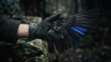 Obraz premium Person wearing leather glove with black crow wing