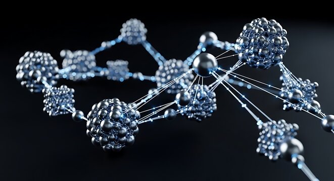 Molecular structure network with interconnected spheres a 3d rendering on dark background atomic cellular