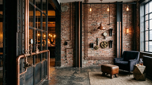 Industrial Loft Interior Design, Copper Pipes, Brick Wall, Vintage Decor, Cozy Armchair