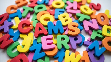 Fototapeta premium A colorful collection of soft foam alphabet letters scattered randomly, creating a playful and vibrant scene ideal for early childhood learning and creative education concepts.
