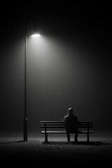 Fototapeta premium Man sits alone on park bench under street lamp at night. Misty fog surrounds him, casting long shadows. Gloomy atmosphere conveys loneliness and contemplation. Scene has minimal light.