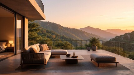 Obraz premium Luxury terrace with modern furniture overlooks mountain landscape at sunset. Open balcony apartment offers scenic panorama of forest hills during golden hour. Comfortable outdoor sofa, coffee table