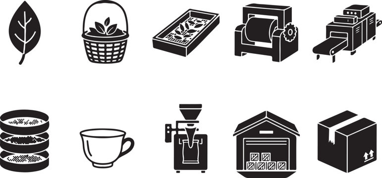 Black and white vector icon set featuring tea production, processing machinery, and agricultural manufacturing concepts