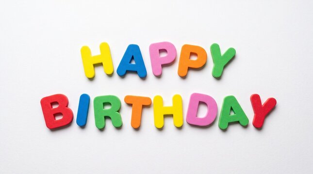 Colorful foam letters spelling out "HAPPY BIRTHDAY" arranged neatly against a clean white background, creating a bright and festive greeting for celebrations.
