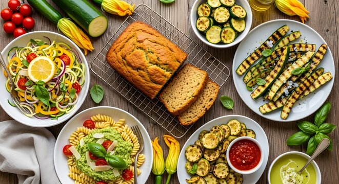 Top view of a variety of zucchini dishes including bread salad and grilled vegetables on wood