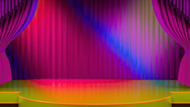 Stage background with colorful curtains and glowing yellow podium platform