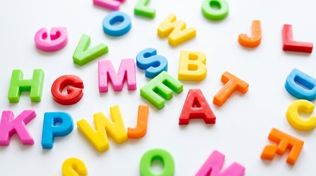 A vibrant array of colorful plastic magnetic letters scattered randomly across a clean white surface, inspiring early literacy and playful learning.