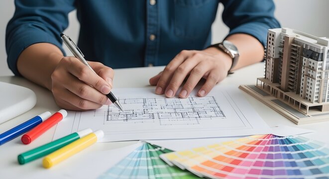 Architect drawing a new building project design on paper with a pen at a desk with colored markers and a small house model in an office space for professional construction planning