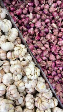Piles of garlic and shallots are neatly stored. Garlic and shallots are frequently used kitchen seasonings. Vertical video. HD, 4K.