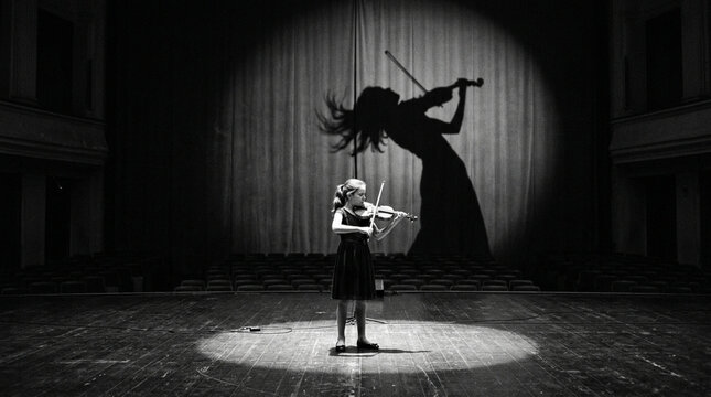 Child violinist in spotlight with dramatic shadow on theater stage